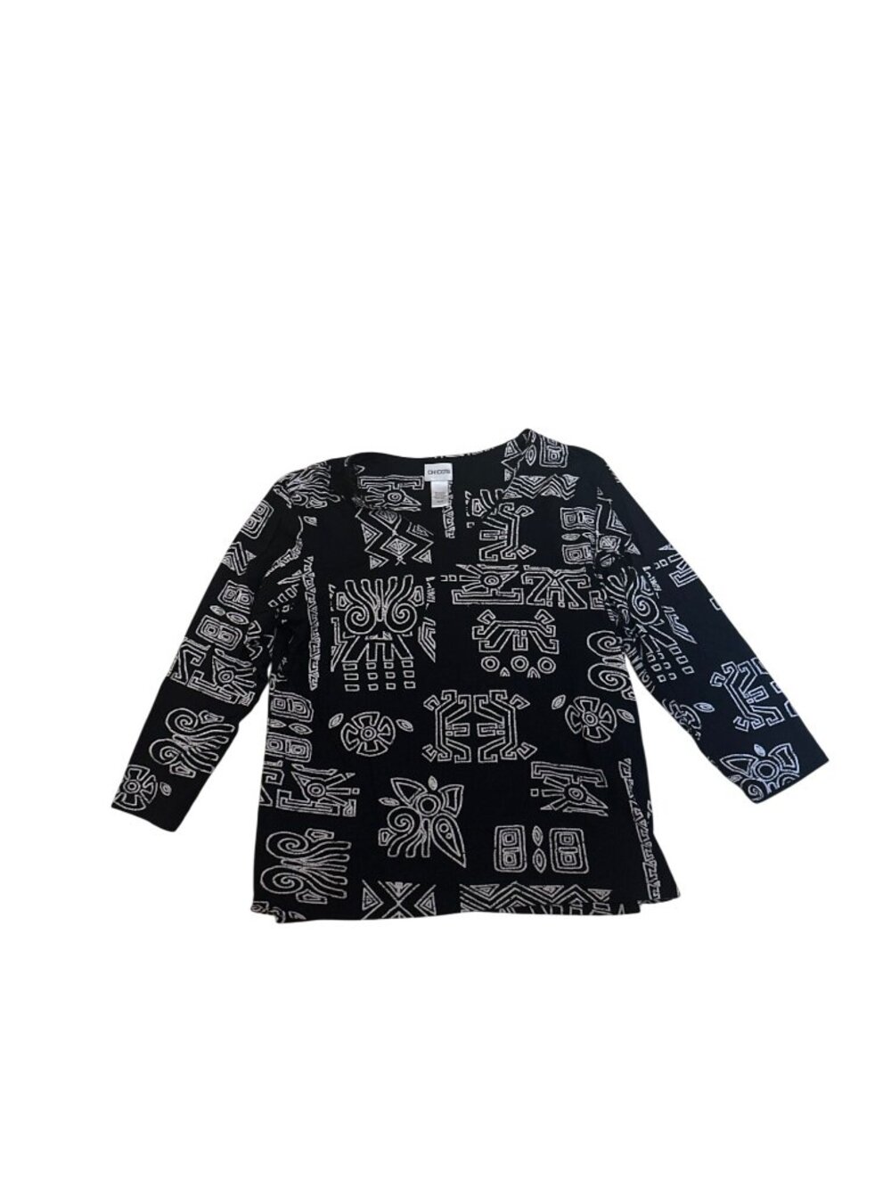 Chicos Women's Top Large 2 Black & White Geometric Long Sleeve Tribal Boho